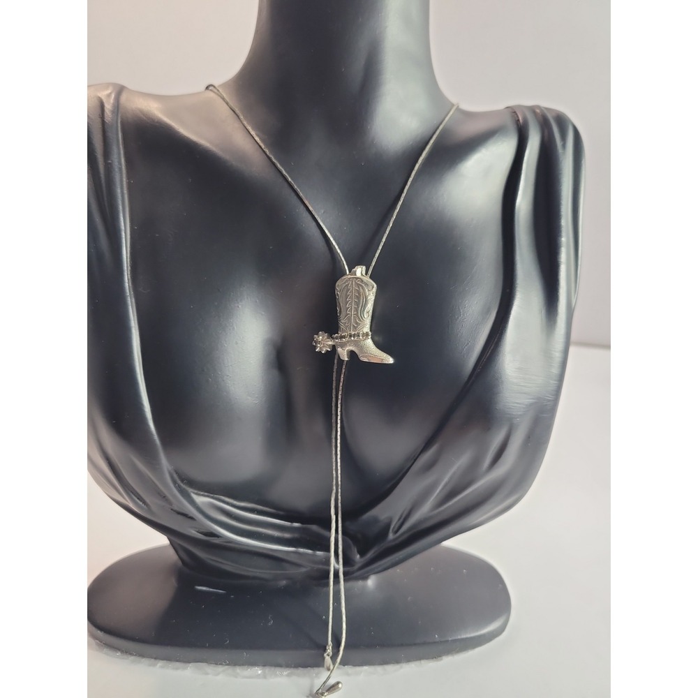 Western Cowboy Boot Lariat Pendant Necklace Silver Tone Rhinestone Spur Country